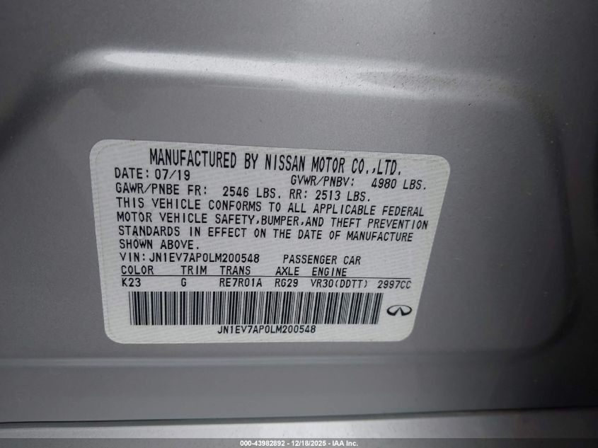 2020 Infiniti Q50 Luxe VIN: JN1EV7AP0LM200548 Lot: 43982892