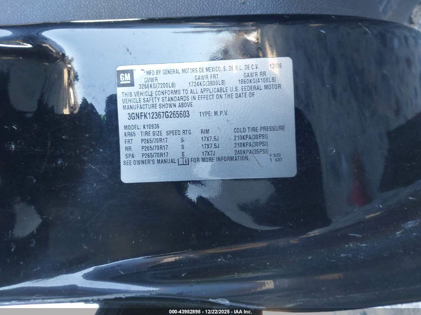 2007 Chevrolet Avalanche 1500 Lt VIN: 3GNFK12367G265603 Lot: 43982898