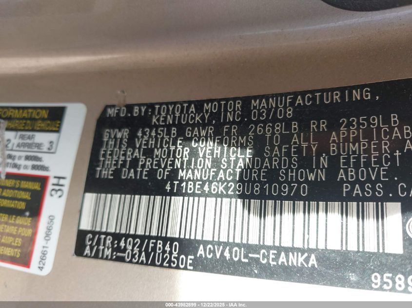 2009 Toyota Camry Le VIN: 4T1BE46K29U810970 Lot: 43982899