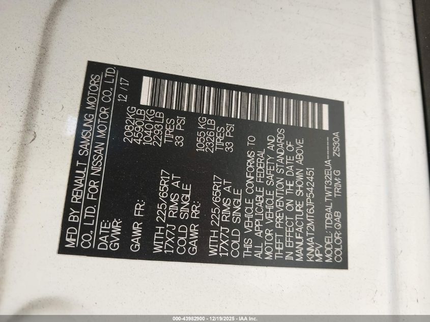 2018 Nissan Rogue Sv VIN: KNMAT2MT6JP542451 Lot: 43982900