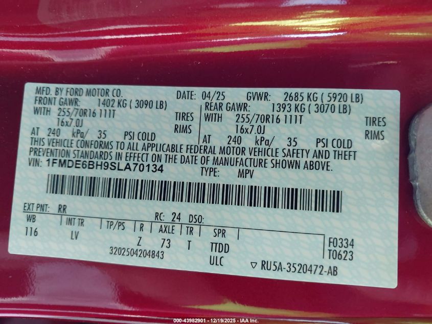 2025 Ford Bronco VIN: 1FMDE6BH9SLA70134 Lot: 43982901