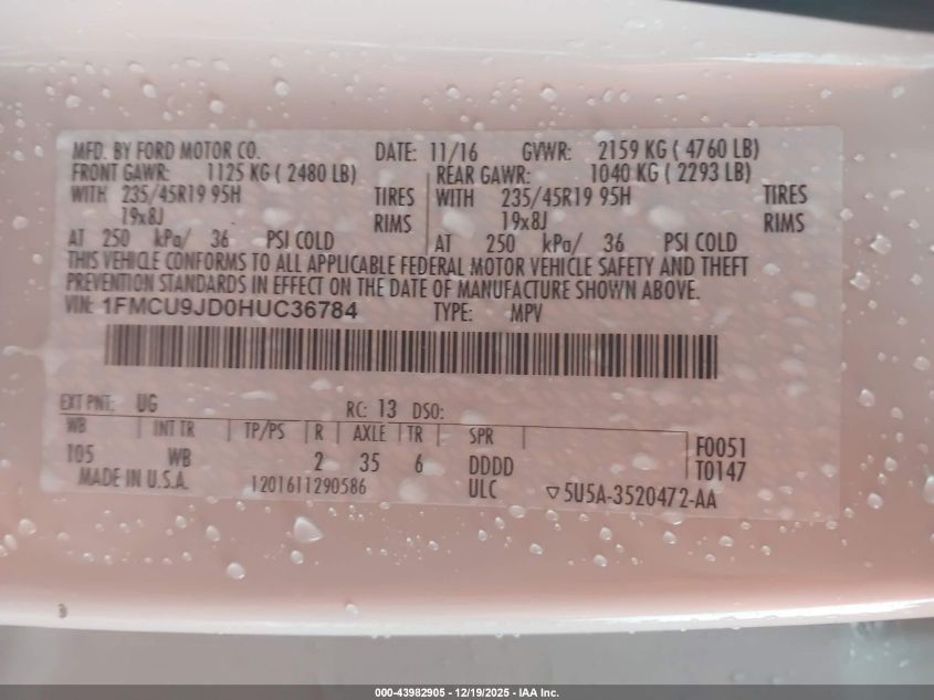 2017 Ford Escape Titanium VIN: 1FMCU9JD0HUC36784 Lot: 43982905