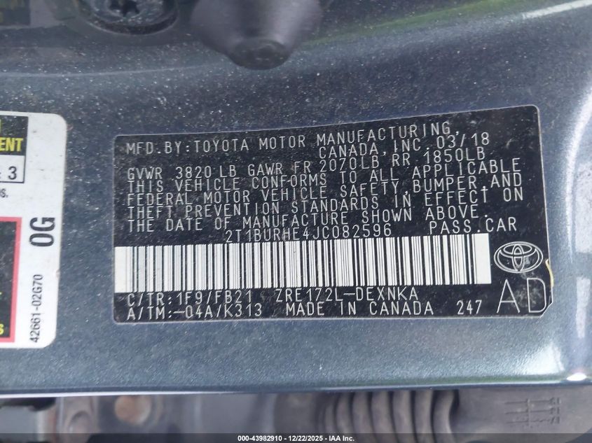 2018 Toyota Corolla Le VIN: 2T1BURHE4JC082596 Lot: 43982910