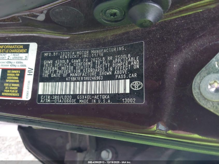 2017 Toyota Avalon Xle VIN: 4T1BK1EB1HU246963 Lot: 43982913