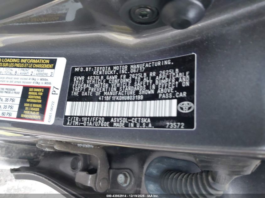 2017 Toyota Camry Se VIN: 4T1BF1FK0HU803199 Lot: 43982914