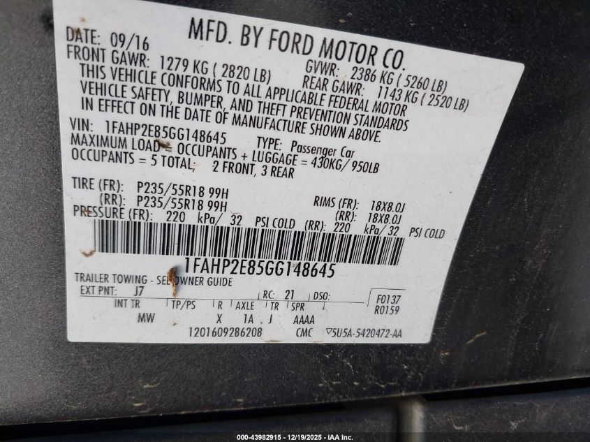 2016 Ford Taurus Sel VIN: 1FAHP2E85GG148645 Lot: 43982915