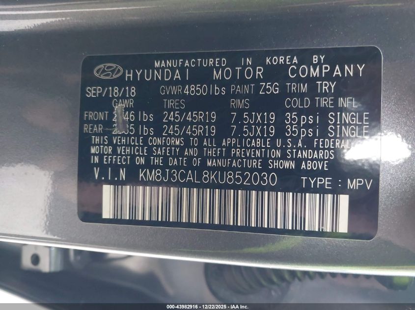 2019 Hyundai Tucson Sport VIN: KM8J3CAL8KU852030 Lot: 43982916