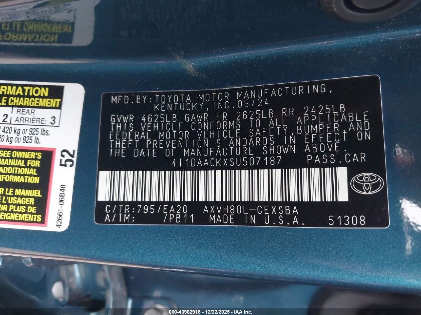 2025 Toyota Camry Se VIN: 4T1DAACKXSU507187 Lot: 43982918