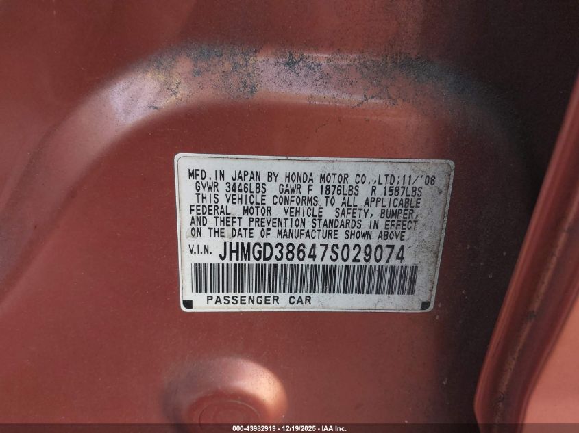 2007 Honda Fit Sport VIN: JHMGD38647S029074 Lot: 43982919