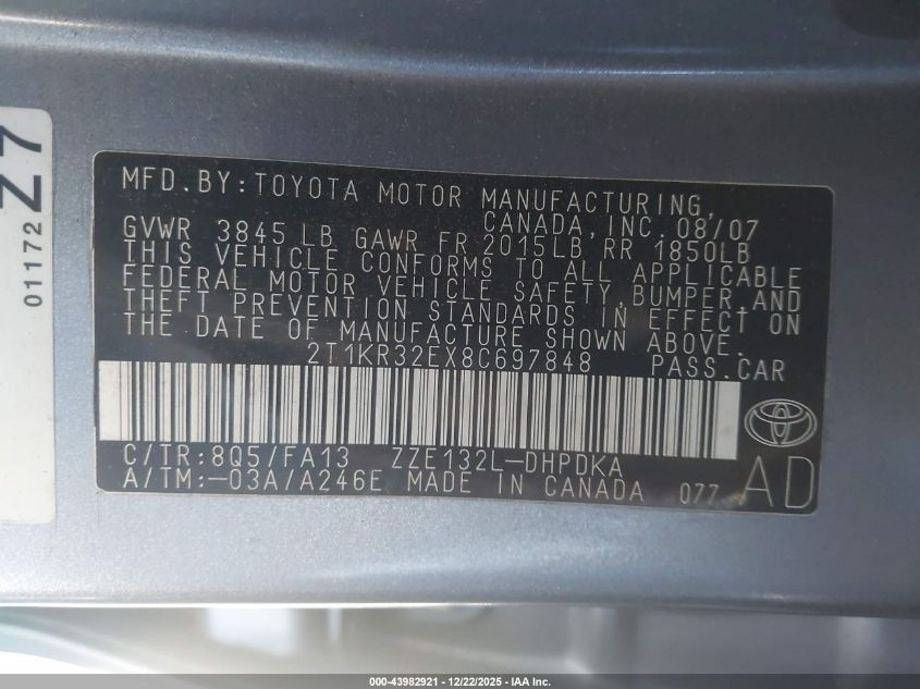 2008 Toyota Matrix VIN: 2T1KR32EX8C697848 Lot: 43982921