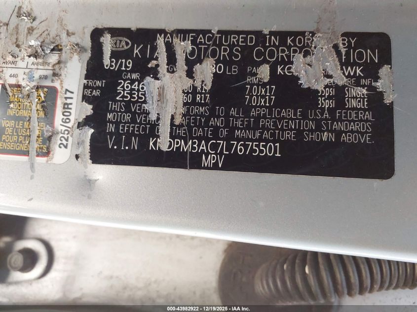 2020 Kia Sportage Lx VIN: KNDPM3AC7L7675501 Lot: 43982922