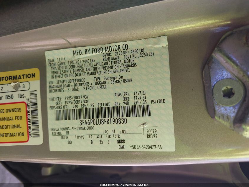 2015 Ford Fusion Hybrid Se VIN: 3FA6P0LU8FR190830 Lot: 43982925