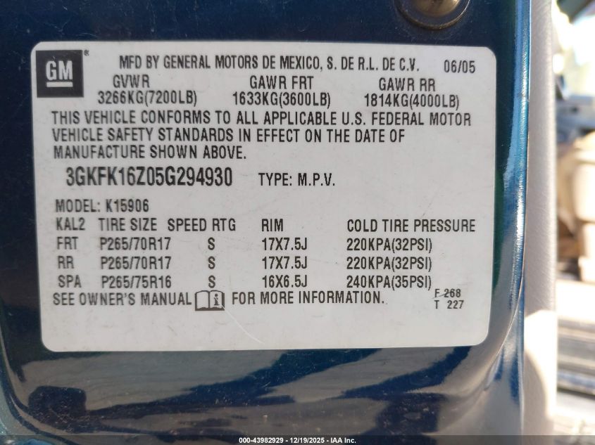 2005 GMC Yukon Xl 1500 Slt VIN: 3GKFK16Z05G294930 Lot: 43982929