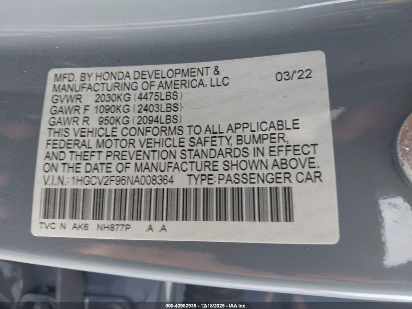 2022 Honda Accord Touring VIN: 1HGCV2F96NA008364 Lot: 43982935