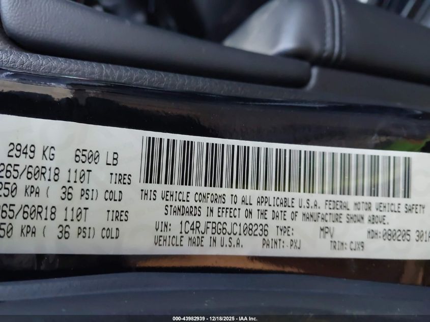 2018 Jeep Grand Cherokee Limited 4X4 VIN: 1C4RJFBG6JC108236 Lot: 43982939