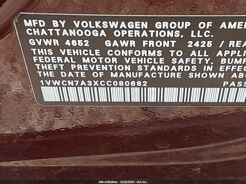 2012 Volkswagen Passat 2.0L Tdi Sel Premium VIN: 1VWCN7A3XCC080682 Lot: 43982944