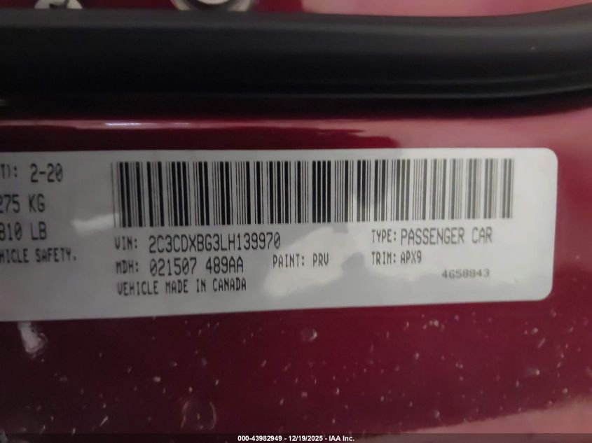2020 Dodge Charger Sxt Rwd VIN: 2C3CDXBG3LH139970 Lot: 43982949