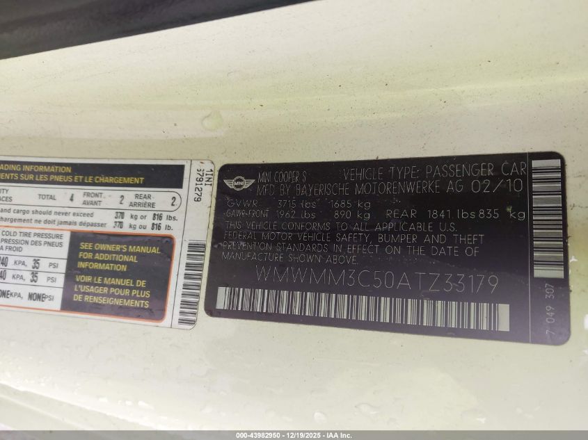 2010 Mini Cooper S Clubman VIN: WMWMM3C50ATZ33179 Lot: 43982950