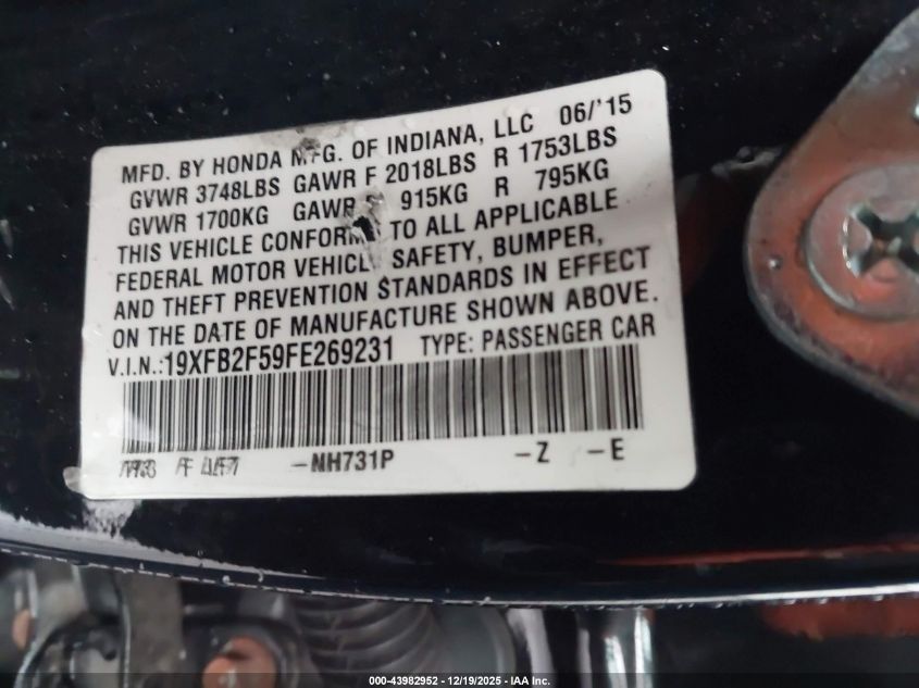 2015 Honda Civic Lx VIN: 19XFB2F59FE269231 Lot: 43982952