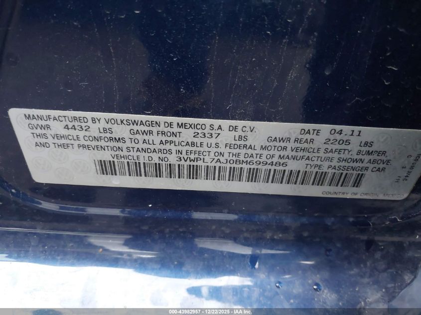 2011 Volkswagen Jetta Sportwagen 2.0L Tdi VIN: 3VWPL7AJ0BM699486 Lot: 43982957