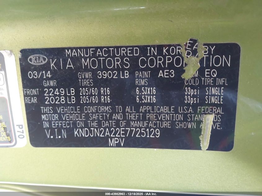 2014 Kia Soul VIN: KNDJN2A22E7725129 Lot: 43982963