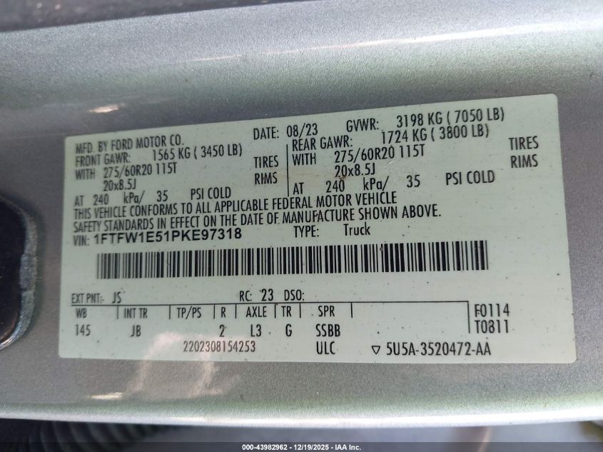 2023 Ford F-150 Xl VIN: 1FTFW1E51PKE97318 Lot: 43982962