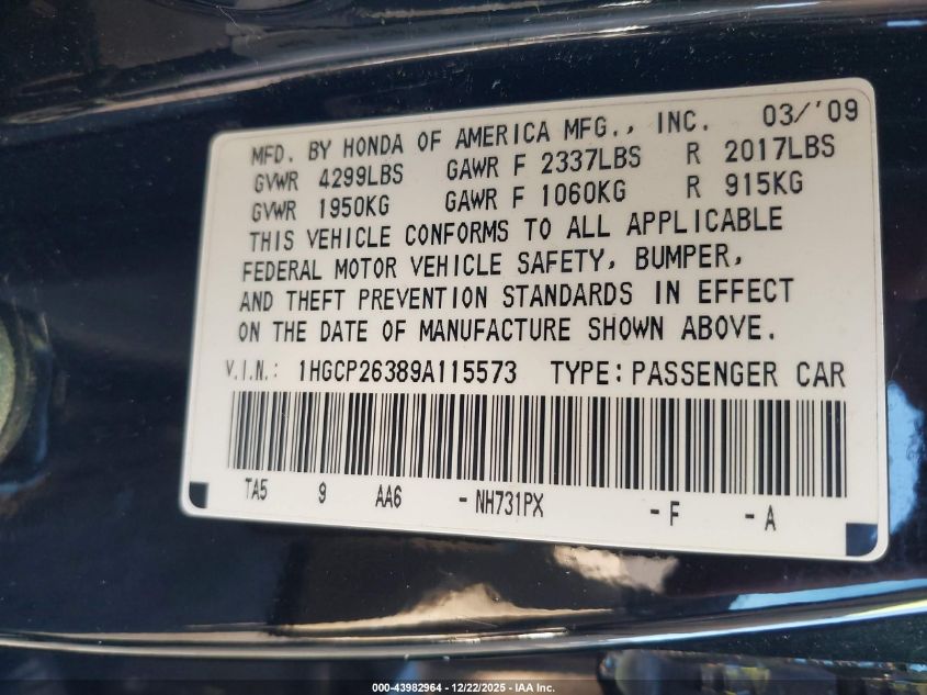 2009 Honda Accord 2.4 Lx VIN: 1HGCP26389A115573 Lot: 43982964