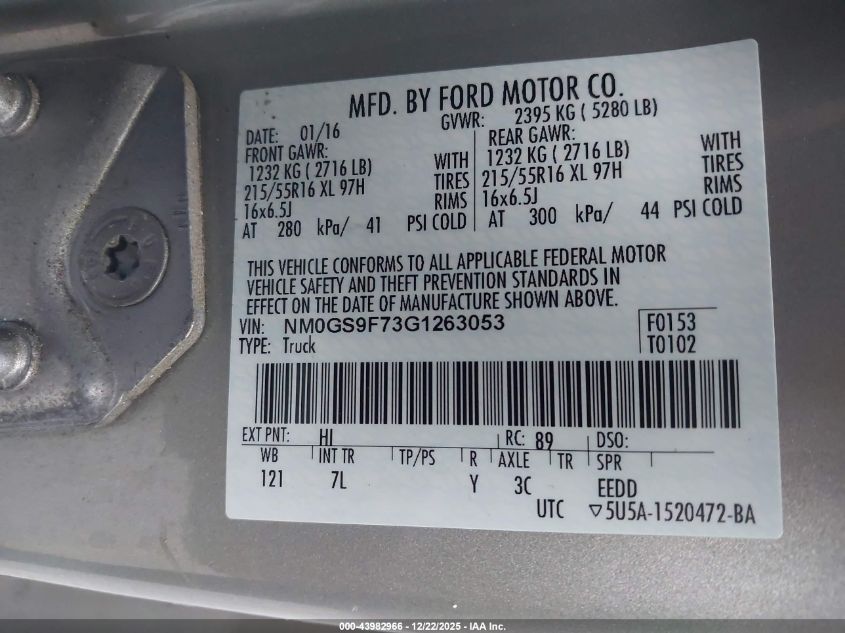 2016 Ford Transit Connect Xlt VIN: NM0GS9F73G1263053 Lot: 43982966