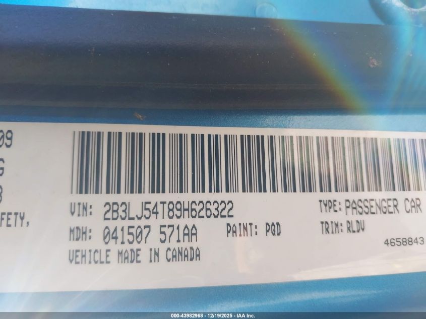 2009 Dodge Challenger R/T VIN: 2B3LJ54T89H626322 Lot: 43982968