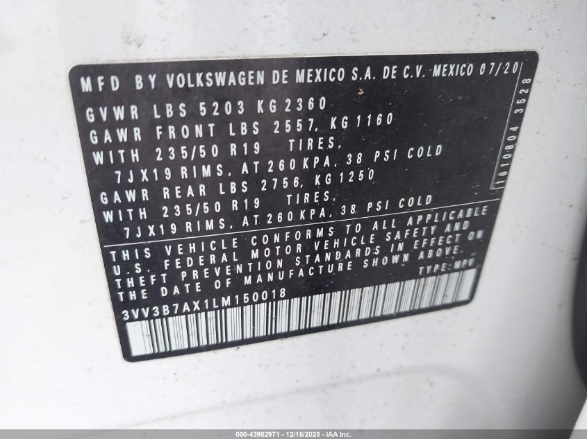 2020 Volkswagen Tiguan 2.0T Se/2.0T Se R-Line Black/2.0T Sel VIN: 3VV3B7AX1LM150018 Lot: 43982971