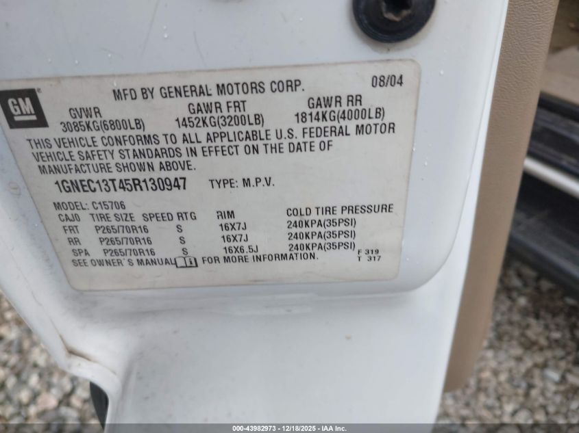 2005 Chevrolet Tahoe Ls VIN: 1GNEC13T45R130947 Lot: 43982973