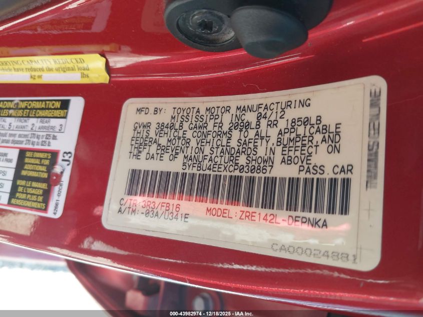 2012 Toyota Corolla Le VIN: 5YFBU4EEXCP030867 Lot: 43982974