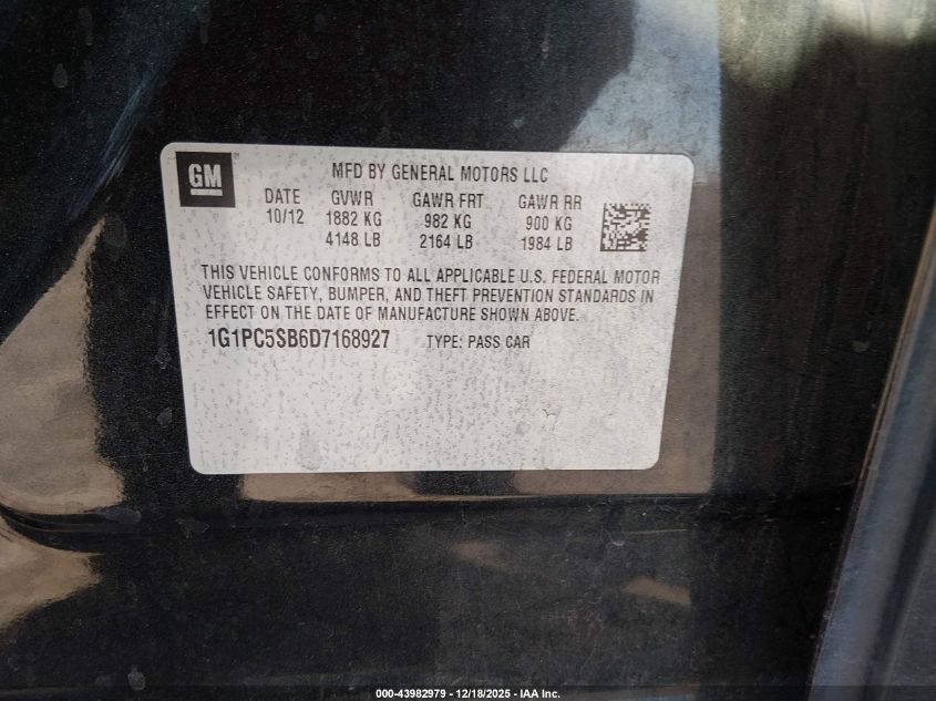 2013 Chevrolet Cruze 1Lt Auto VIN: 1G1PC5SB6D7168927 Lot: 43982979
