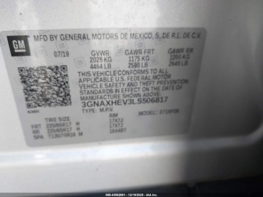 2020 Chevrolet Equinox Fwd Ls VIN: 3GNAXHEV3LS506817 Lot: 43982981