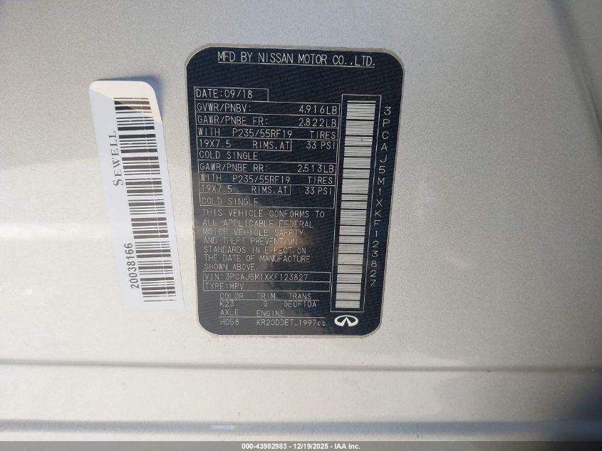 2019 Infiniti Qx50 Essential VIN: 3PCAJ5M1XKF123827 Lot: 43982983