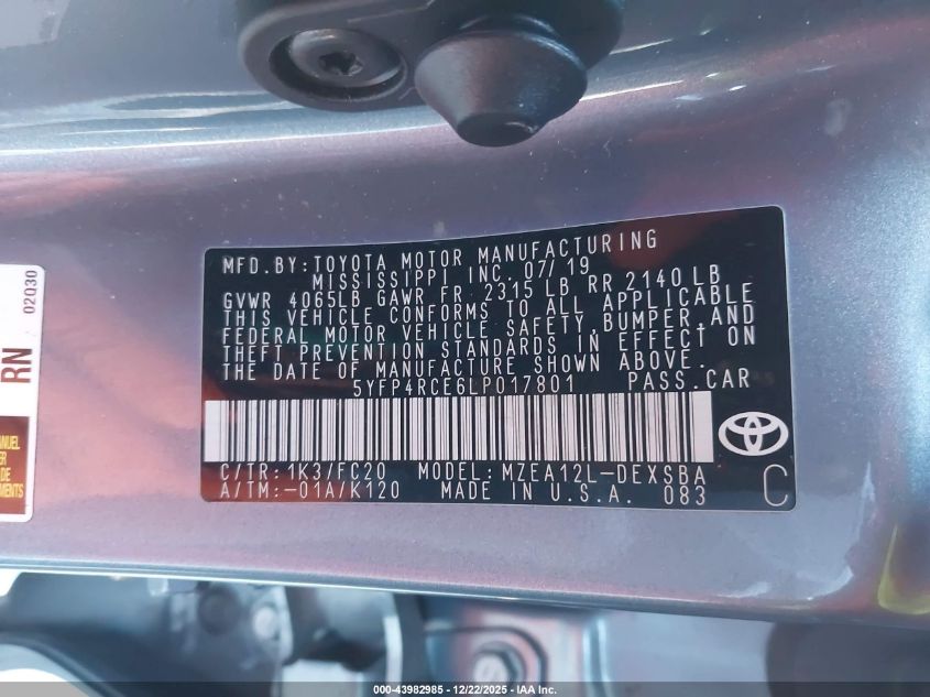 2020 Toyota Corolla Se VIN: 5YFP4RCE6LP017801 Lot: 43982985