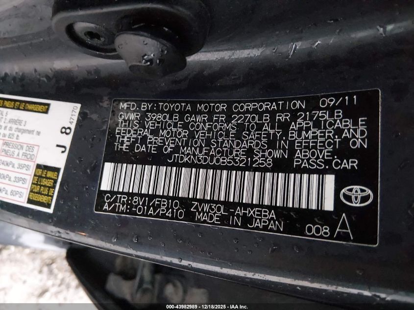 2011 Toyota Prius Three VIN: JTDKN3DU0B5321258 Lot: 43982989