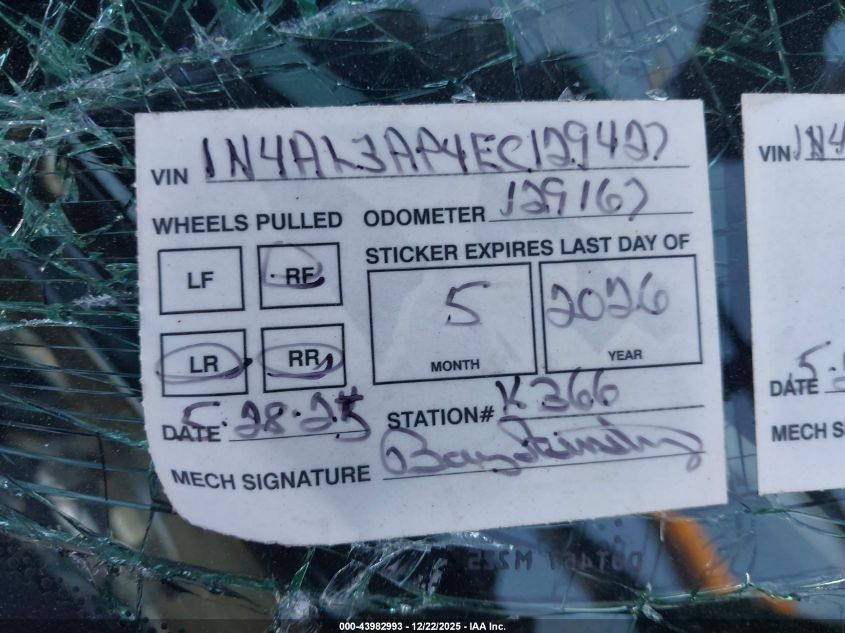 2014 Nissan Altima 2.5 Sl VIN: 1N4AL3AP4EC129427 Lot: 43982993