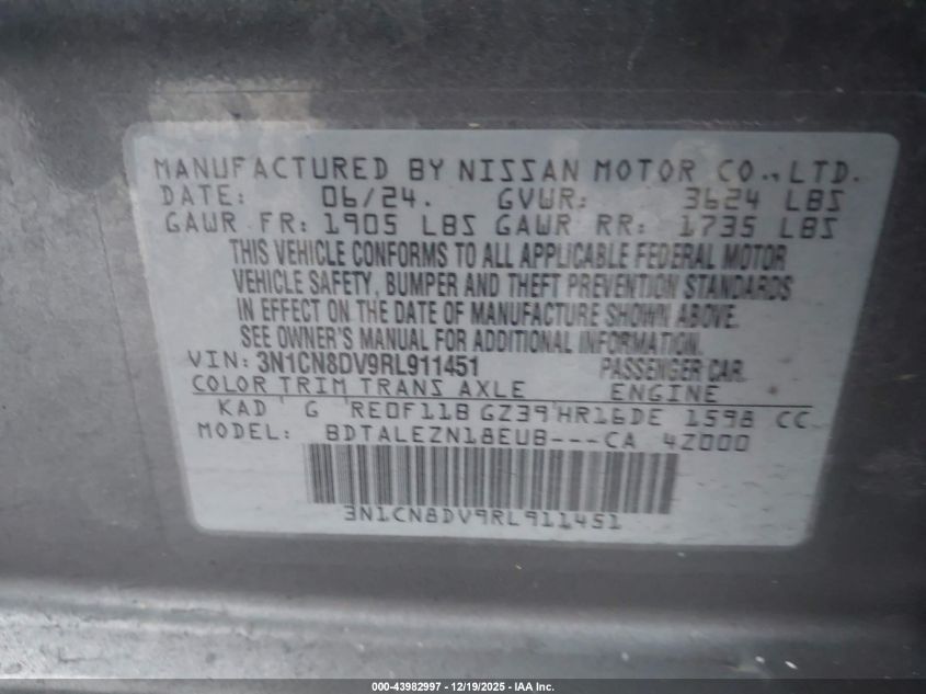 2024 Nissan Versa 1.6 S VIN: 3N1CN8DV9RL911451 Lot: 43982997