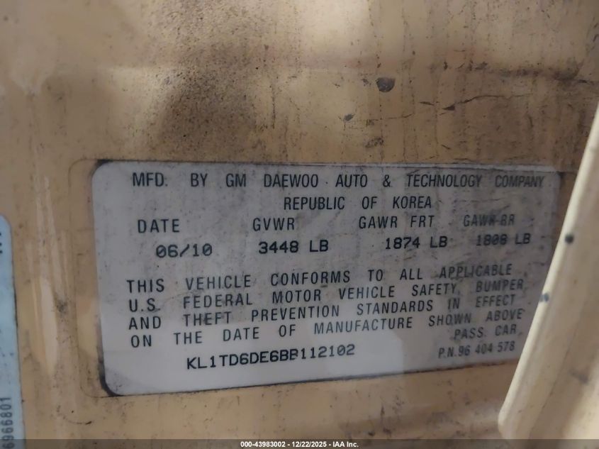 2011 Chevrolet Aveo 1Lt VIN: KL1TD6DE6BB112102 Lot: 43983002