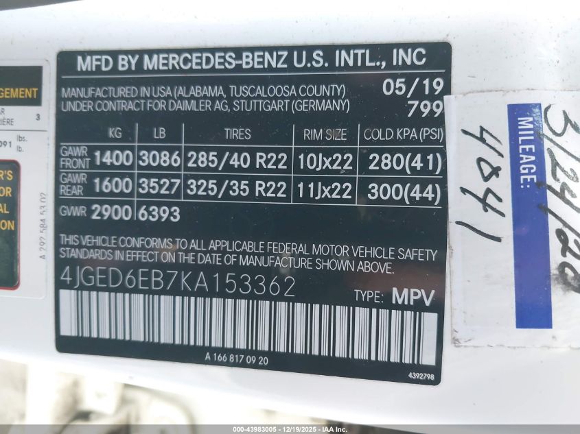 2019 Mercedes-Benz Amg Gle 43 Coupe 4Matic VIN: 4JGED6EB7KA153362 Lot: 43983005