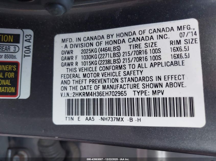 2014 Honda Cr-V Lx VIN: 2HKRM4H36EH702965 Lot: 43983007