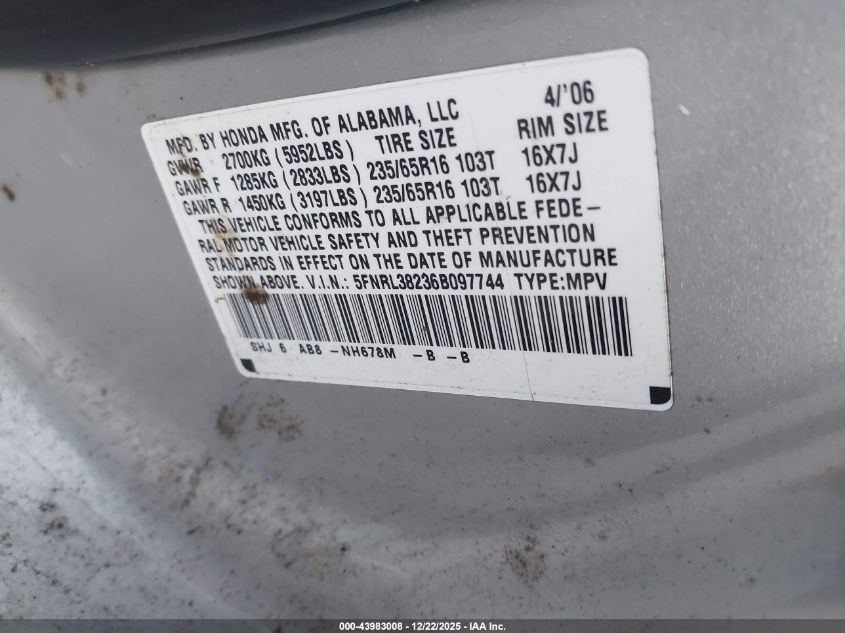 2006 Honda Odyssey Lx VIN: 5FNRL38236B097744 Lot: 43983008