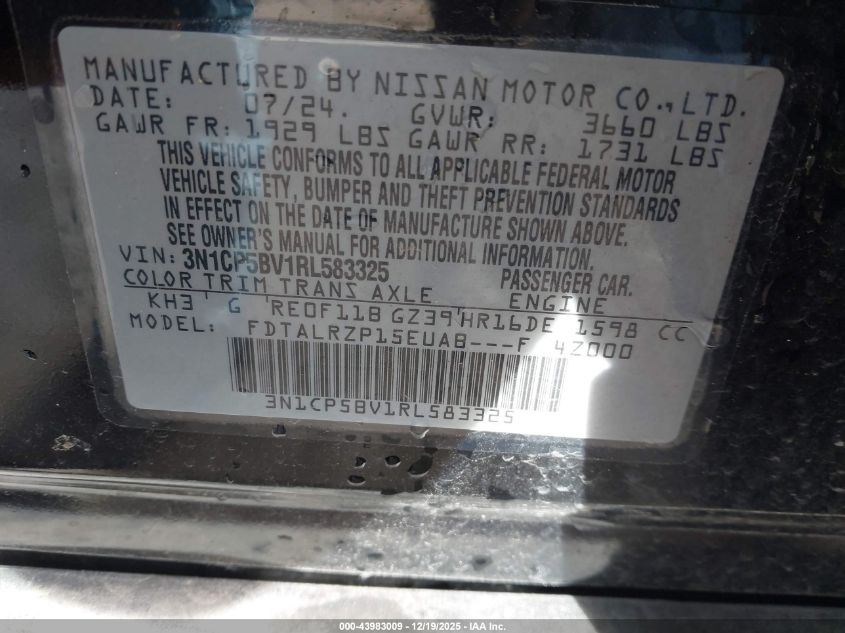 2024 Nissan Kicks S Xtronic Cvt VIN: 3N1CP5BV1RL583325 Lot: 43983009