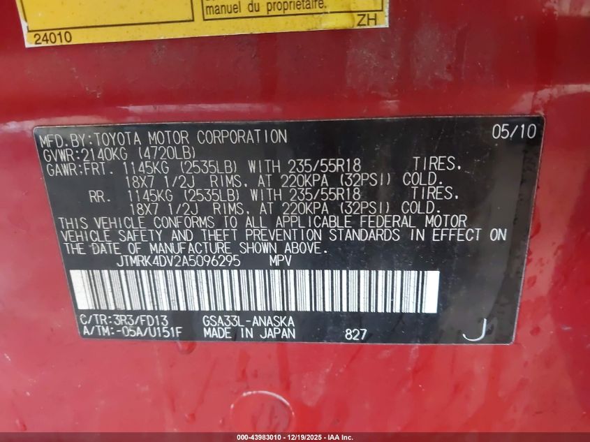 2010 Toyota Rav4 Sport V6 VIN: JTMRK4DV2A5096295 Lot: 43983010