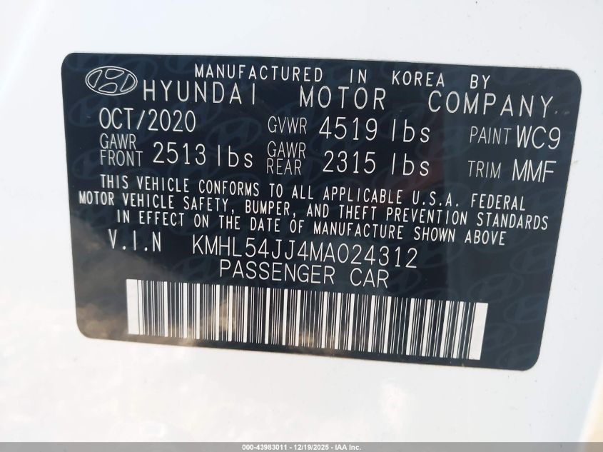 2021 Hyundai Sonata Limited VIN: KMHL54JJ4MA024312 Lot: 43983011