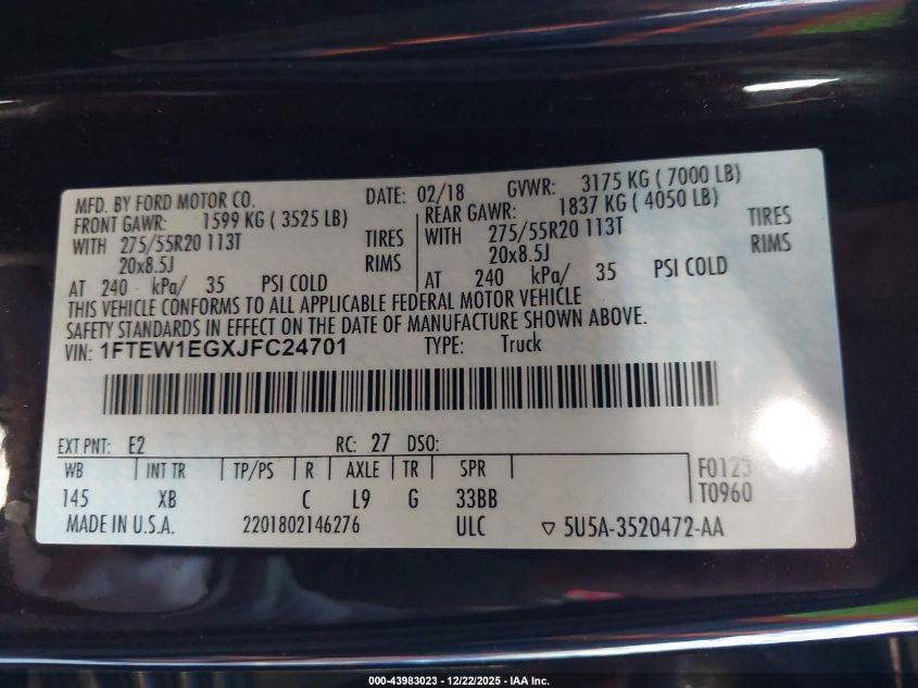 2018 Ford F-150 Xlt VIN: 1FTEW1EGXJFC24701 Lot: 43983023