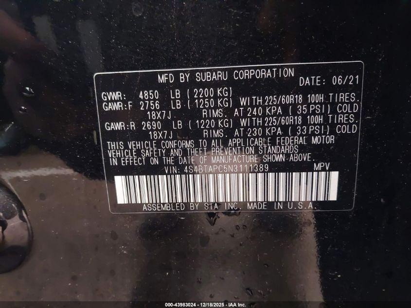 2022 Subaru Outback Touring VIN: 4S4BTAPC5N3111389 Lot: 43983024