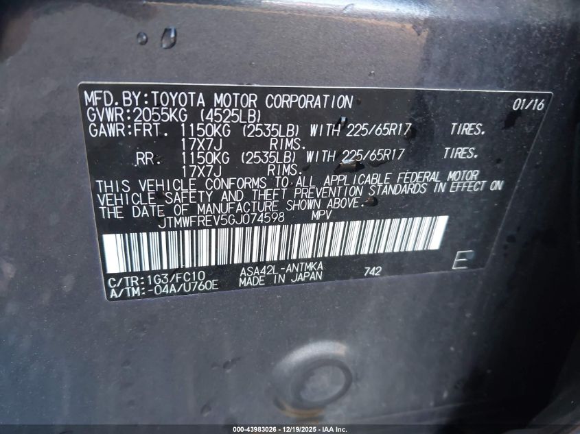 2016 Toyota Rav4 Xle VIN: JTMWFREV5GJ074598 Lot: 43983026