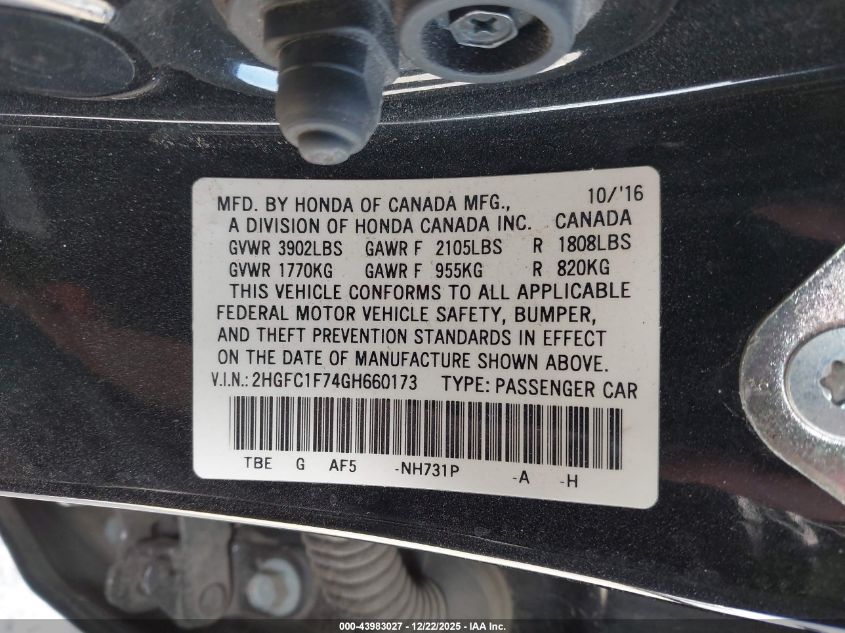 2016 Honda Civic Ex-L VIN: 2HGFC1F74GH660173 Lot: 43983027